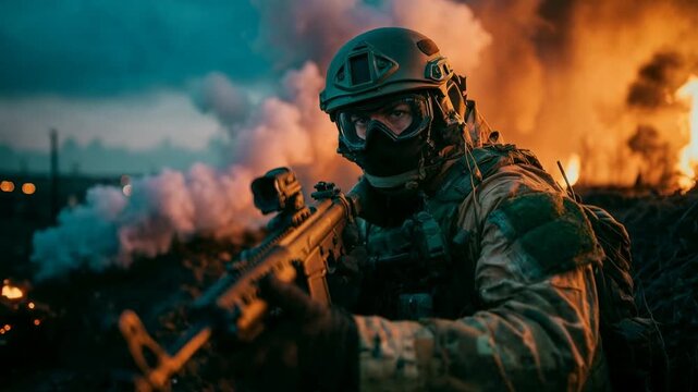 Armed soldier in tactical gear advances through smoke and fire on battlefield capturing intense combat action danger and modern warfare concept