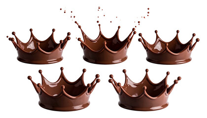 Five crowns sculpted from chocolate, arranged in a display against a black background