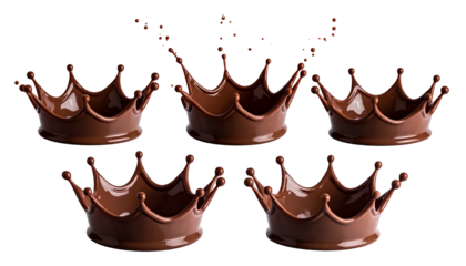Five crowns sculpted from chocolate, arranged in a display against a black background