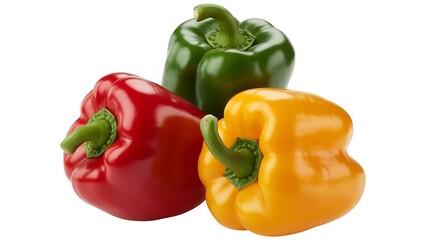 Vibrant red, green, and yellow bell peppers on white background