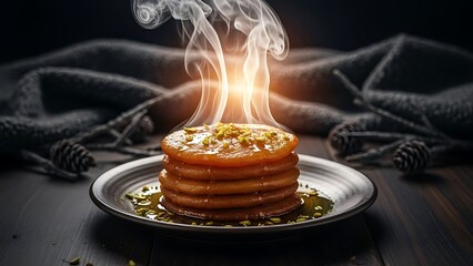 Stack of Golden Sweet Pancakes with Pistachios and Syrup 