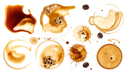 Assorted coffee stains and bean arrangements on a black surface, abstract patterns