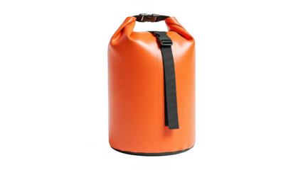 Vibrant orange waterproof dry bag with black strap and handle isolated on transparent background