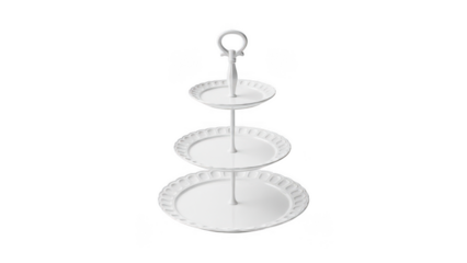 Three tiered silver serving dish with circular plates and handle isolated on transparent background