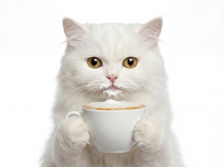 White Cat Holding Coffee Cup with Milk Foam Mustache