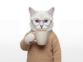 White Cat with Blue Eyes Wearing Glasses and Holding Coffee Cup