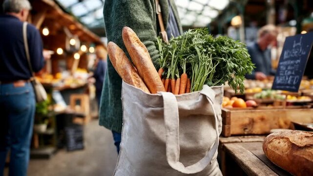 Reusable bag overflowing with fresh bread vegetables and greens rests on market table celebrating local organic food shopping and sustainable lifestyle