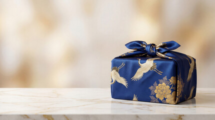 Elegant blue furoshiki gift wrapped in satin with golden cranes on marble surface. For luxury branding, premium packaging campaigns and festive gift promotions.
