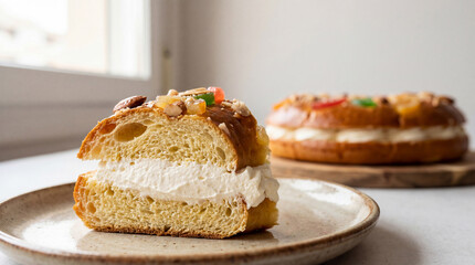 Delicious slice of traditional Spanish Roscon de Reyes, a sweet bread filled with cream, candied fruits, and nuts. A Festive Spanish Delight
