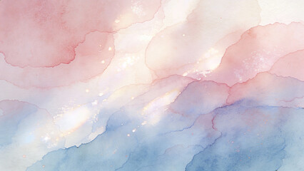 Abstract watercolor background with soft pink, blue, and white hues blending into cloud-like patterns