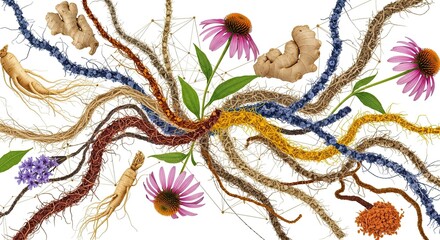 Botanical medicine ingredients concept featuring roots, flowers, and ginger on white background