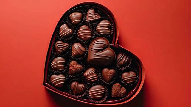 box with candies in the form of a heart on a red background