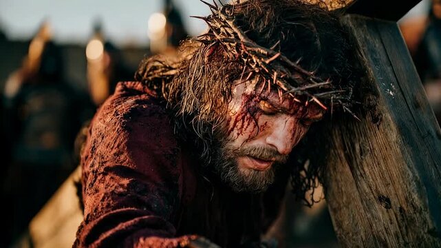 Bloodstained Jesus with crown of thorns struggles under heavy wooden cross in dark setting portraying intense suffering sacrifice and emotional christian story
