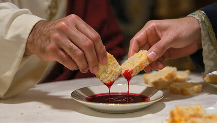 The image depicts the Holy Eucharist, also known as the Lord's Supper or Holy Communion, a Christian ritual. The moment when Judas dips the bread in the plate after Jesus Christ