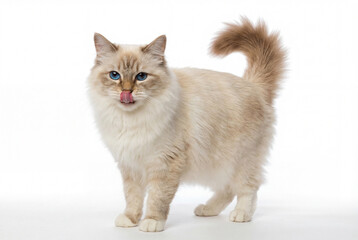 Fototapeta premium Fluffy beige cat with blue eyes licking lips on white background