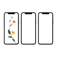 Three smartphones with blank screens and floral artwork on one against a black background
