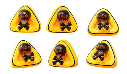 3D Yellow Warning Triangle Sign with Black Skull and Crossbones Poison Hazard Icon Set