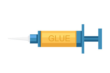 Glue syringe applicator. Yellow adhesive with blue plunger for precision injection. Detailed craft and repair tool. Professional equipment for accurate bonding work. Vector illustration
