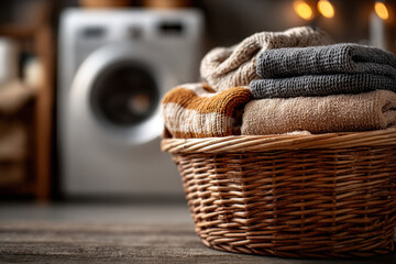 Home laundry. A wicker laundry basket overflowing with clothes stands next to a washing machine