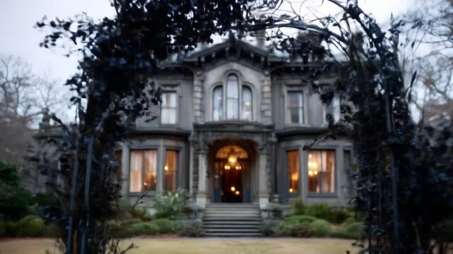 A grand gothic mansion looms, a ceremonial arch frames the view, chairs await. The sky is overcast