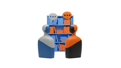 3D Render of Two Figurines Discussing in Front of a Bookshelf