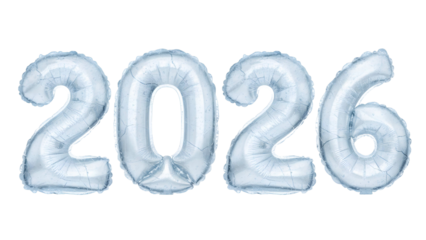 a realistic rendering of the year 2026 depicted in shiny silver foil balloons isolated and perfect for various design applications on transparent background