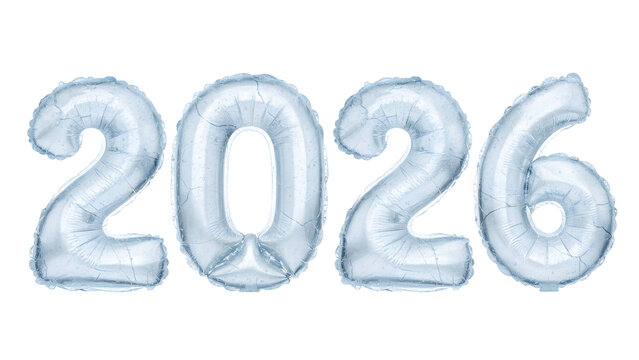 a realistic rendering of the year 2026 depicted in shiny silver foil balloons isolated and perfect for various design applications on transparent background