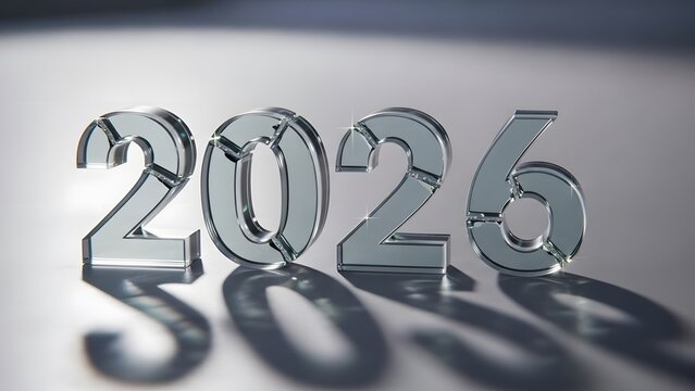a visually striking representation of the year 2026 in chrome lettering with a reflective surface and shadow on transparent background