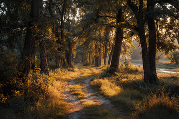 Fototapeta premium Forest path in golden hour with tall trees and soft sunlight creating peaceful and calming nature scenery along dirt trail by river