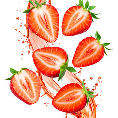 Sliced strawberries with green stems cascading alongside a vibrant red liquid splash