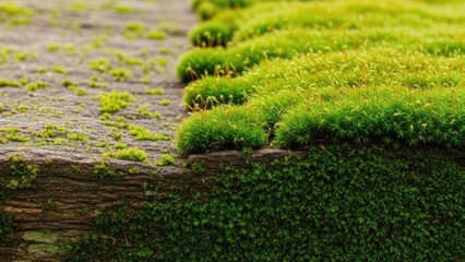 Detailed macro view of vibrant green moss carpets thriving on an ancient weathered timber surface