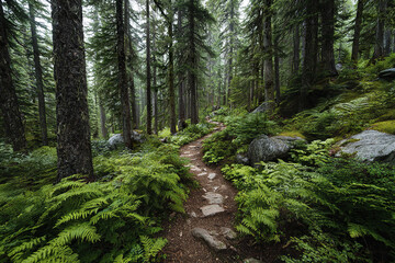 Forest trail surrounded by tall pine trees and lush green ferns with rocks scattered along path, creating peaceful and refreshing natural atmosphere in dense woodland