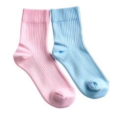 Two ribbed crew socks, one pink, one blue, against a stark black background