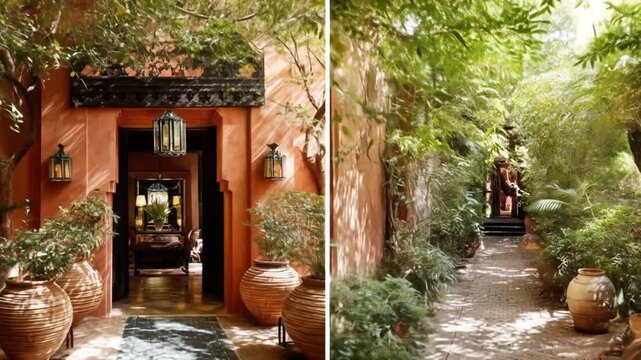 A serene courtyard with terracotta walls, lanterns, and lush greenery creates an inviting ambiance