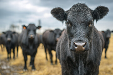 Naklejka premium Black cow close up with herd in rural field under cloudy sky, calm cattle grazing on dry grassland in natural farm environment