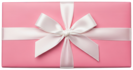 Centered white satin bow on pink gift box top view isolated