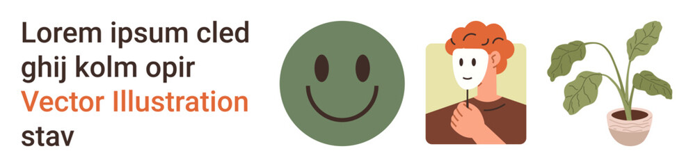 Fototapeta premium Mental health, self-identity, emotional wellness, nature, communication, inner emotions. A green happy face, a person with a mask and a potted plant. Mental health and self-identity concept