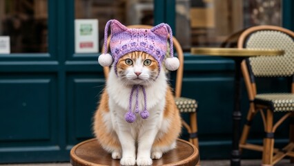Cute cat wearing a knitted hat sits on a table outside a cozy caf&eacute; background