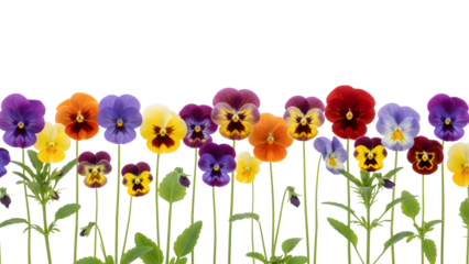 a vibrant row of colorful pansy flowers with slender green stems and detailed petals perfect for designs on transparent background