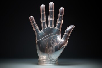 Transparent prosthetic hand is showing open palm on dark background, representing future technology and artificial intelligence
