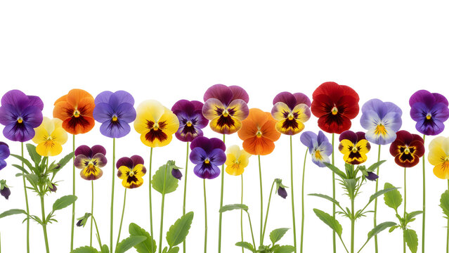 a vibrant row of colorful pansy flowers with slender green stems and detailed petals perfect for designs on transparent background