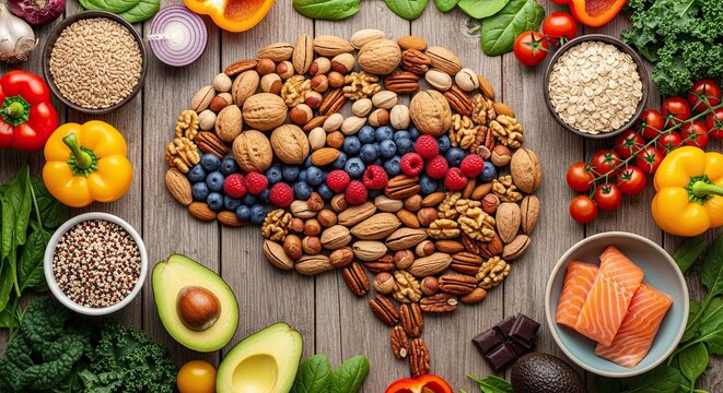 Nourishing the Mind: A Brain-Shaped Array of Healthy Foods on Wooden Surface