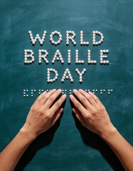 Flat lay of "World Braille Day" in braille dots on dark teal textured surface, pearl-like spheres, hands interacting, soft diffused light, modern minimalist educational and accessibility concept