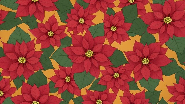a vibrant and repeating pattern of red poinsettia flowers with green leaves and golden yellow accents on transparent background high quality