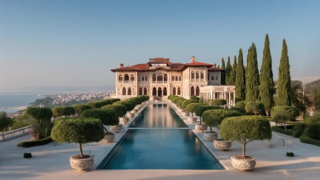 A luxurious mansion with an infinity pool and a view of a city by the coast