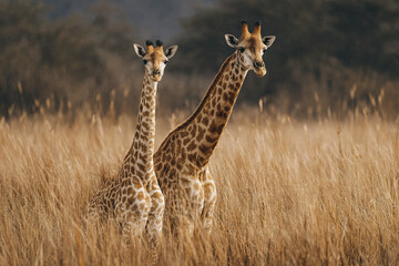 Obraz premium Two giraffes standing in tall dry grass in natural savannah environment, showing calm and alert expressions with blurred background of trees and hills