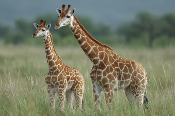 Obraz premium Two giraffes, adult and juvenile, stand closely together in green grassy field with blurred natural background, showing their distinctive patterned coats and calm expressions