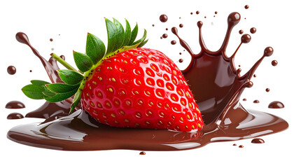 A vibrant strawberry with green leaves sits in a splash of rich, dark melted treat