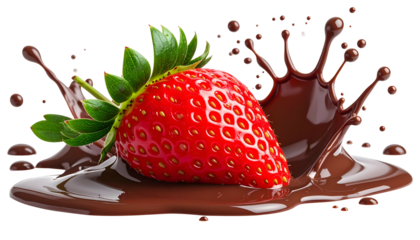 A vibrant strawberry with green leaves sits in a splash of rich, dark melted treat