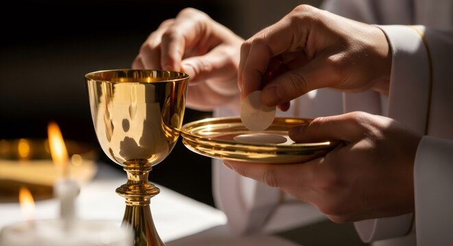 Priests hands holding golden chalice and Eucharist host during Catholic Mass. Sacred communion ritual on altar with candlelight glow